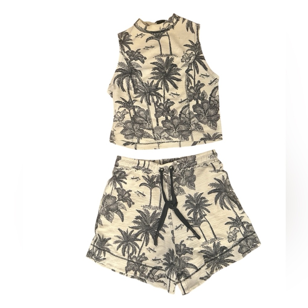 Palm Tree Print Crop Top and Shorts Set in a Heavy Weave